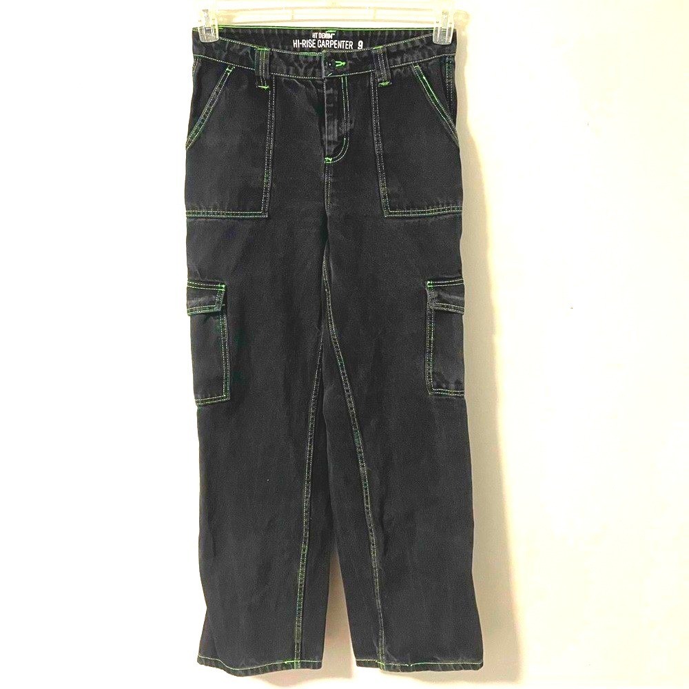 HT Denim Womens Hi-Rise Carpenter‎ Jeans Black Wash Green Stitch Size 9 Y2K